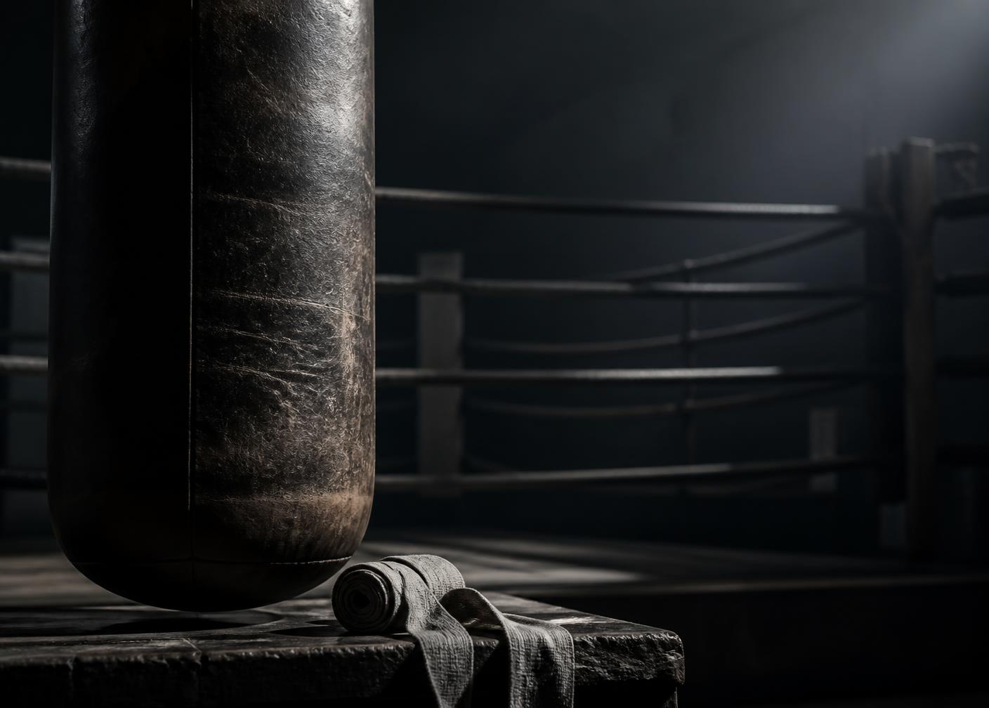 Boxing gym with hand wraps and heavy bag in low light