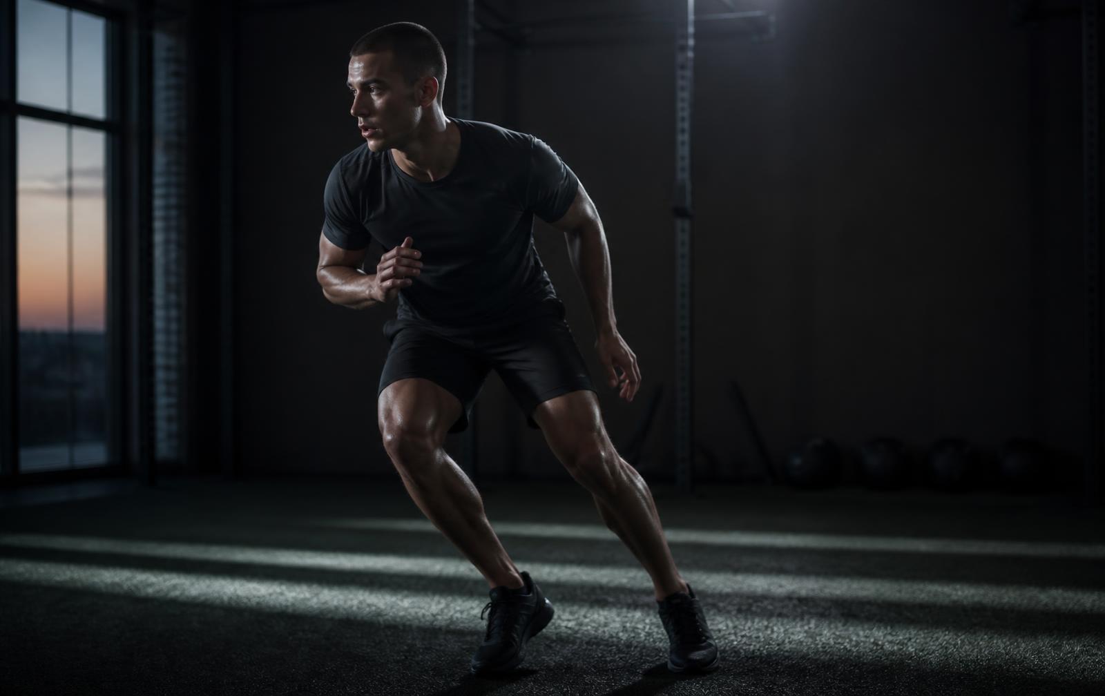 Athlete training in a dark performance hall