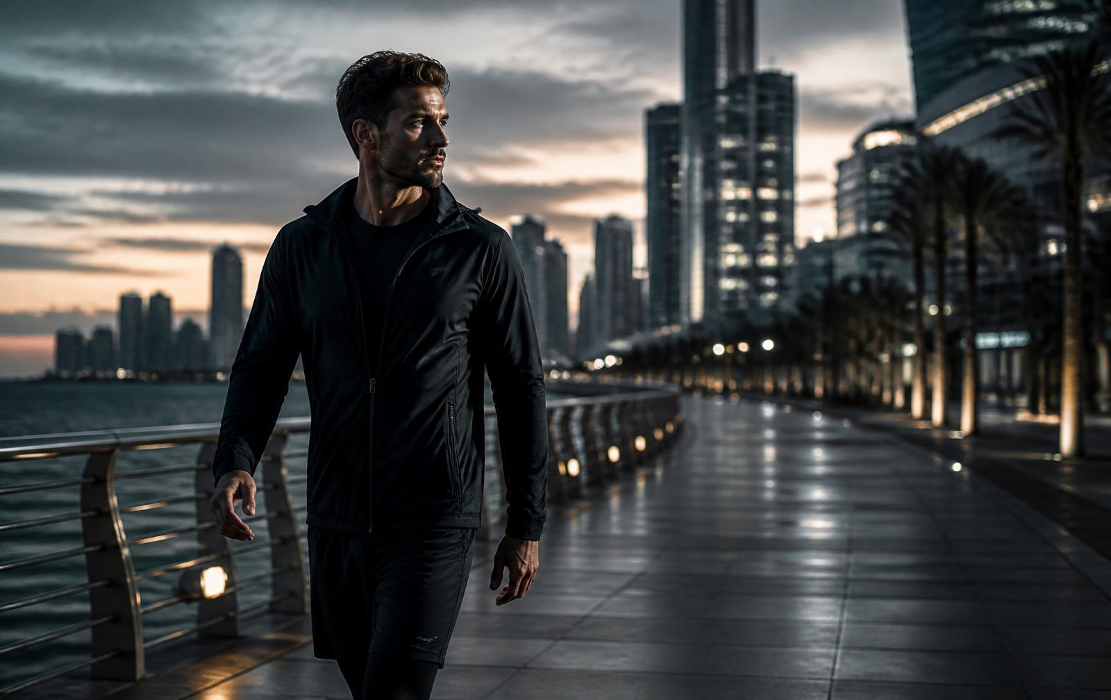 Person walking along a city waterfront at dusk
