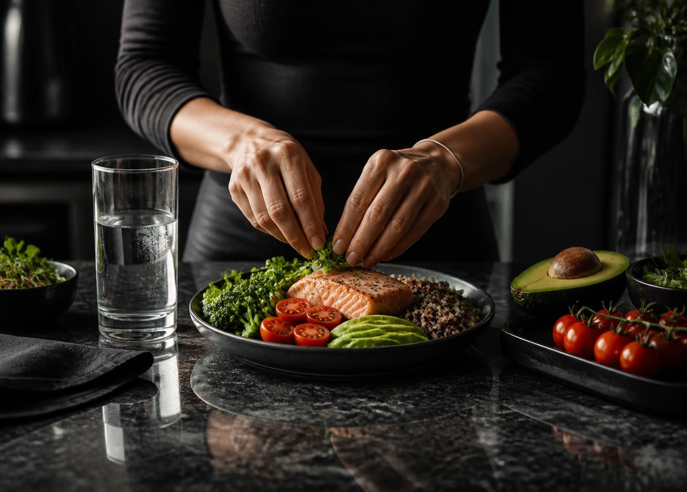Preparing a balanced everyday meal in a dark modern kitchen